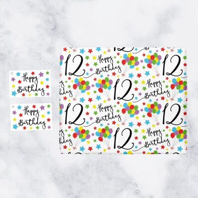 12th Birthday Gift Wrapping Paper & Gift Tags (1 Sheet & 2 Tags) - 12 - Happy Birthday - by Hunts England - Iconic Collection