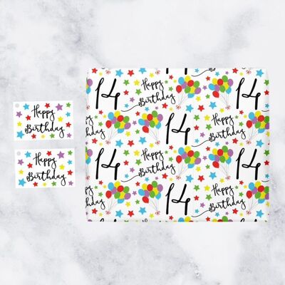 14th Birthday Gift Wrapping Paper & Gift Tags (1 Sheet & 2 Tags) - 14 - Happy Birthday - by Hunts England - Iconic Collection