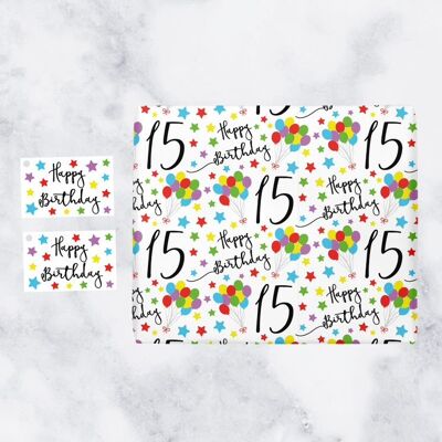 15th Birthday Gift Wrapping Paper & Gift Tags (1 Sheet & 2 Tags) - 15 - Happy Birthday - by Hunts England - Iconic Collection