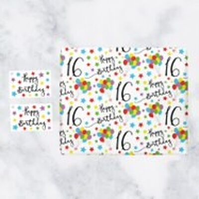 16th Birthday Gift Wrapping Paper & Gift Tags (1 Sheet & 2 Tags) - 16 - Happy Birthday - by Hunts England - Iconic Collection