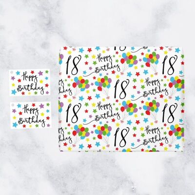 18th Birthday Gift Wrapping Paper & Gift Tags (1 Sheet & 2 Tags) - Iconic Collection