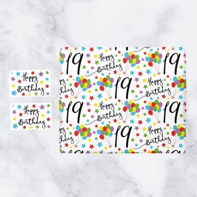 19th Birthday Gift Wrapping Paper & Gift Tags (1 Sheet & 2 Tags) - 19 - Happy Birthday - by Hunts England - Iconic Collection