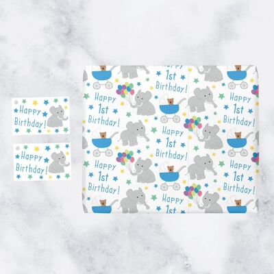 Baby Boy 1st Birthday Gift Wrapping Paper and Gift Tags (1 Sheet & 2 Gift Tags) - Happy 1st Birthday - Age 1 Birthday Male Blue Gift Wrap - Iconic Collection