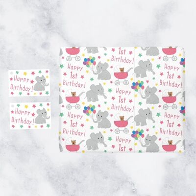 Baby Girl 1st Birthday Gift Wrapping Paper and Gift Tags (1 Sheet & 2 Gift Tags) - Happy 1st Birthday - Age 1 Birthday Female Pink Gift Wrap - Iconic Collection