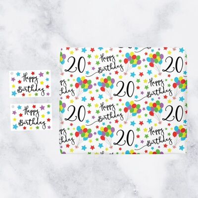 20th Birthday Gift Wrapping Paper & Gift Tags (1 Sheet & 2 Tags) - '20' - 'Happy Birthday' - Iconic Collection