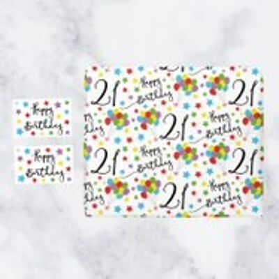 21st Birthday Gift Wrapping Paper & Gift Tags (1 Sheet & 2 Tags) - 21 - Happy Birthday - by Hunts England - Iconic Collection