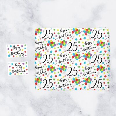 25th Birthday Gift Wrapping Paper & Gift Tags (1 Sheet & 2 Tags) - '25' - 'Happy Birthday' - Iconic Collection