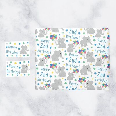 Boy 2nd Birthday Gift Wrapping Paper & Gift Tags (1 Sheet & 2 Gift Tags) - 'Happy 2nd Birthday!' - Iconic Collection