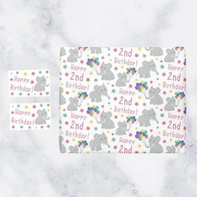 Girl 2nd Birthday Gift Wrapping Paper & Gift Tags (1 Sheet & 2 Gift Tags) - 'Happy 2nd Birthday!' - Iconic Collection