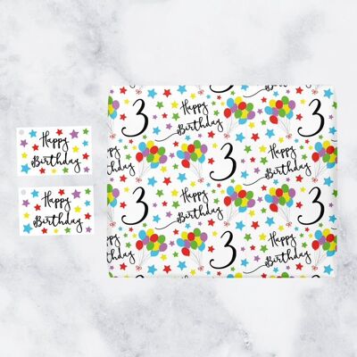 3rd Birthday Gift Wrapping Paper & Gift Tags (1 Sheet & 2 Tags) - 3 - Happy Birthday - by Hunts England - Iconic Collection