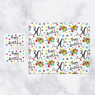 30th Birthday Gift Wrapping Paper & Gift Tags (1 Sheet & 2 Tags) - 30 - Happy Birthday - by Hunts England - Iconic Collection