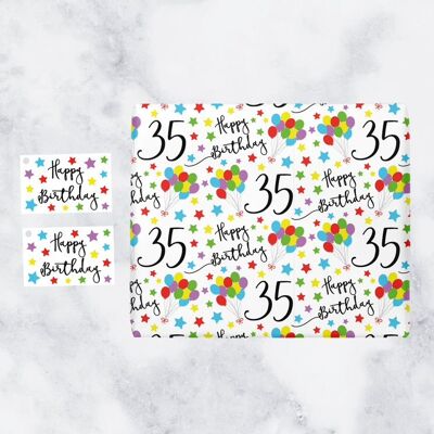 35th Birthday Gift Wrapping Paper & Gift Tags (1 Sheet & 2 Tags) - 35 - Happy Birthday - by Hunts England - Iconic Collection