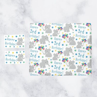 Boy 3rd Birthday Gift Wrapping Paper & Gift Tags (1 Sheet & 2 Gift Tags) - 'Happy 3rd Birthday!' - Iconic Collection