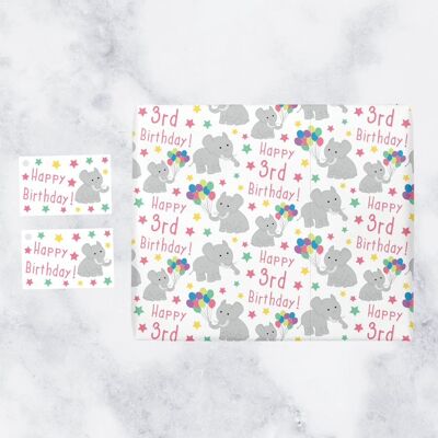 Girl 3rd Birthday Gift Wrapping Paper & Gift Tags (1 Sheet & 2 Gift Tags) - 'Happy 3rd Birthday!' - Iconic Collection