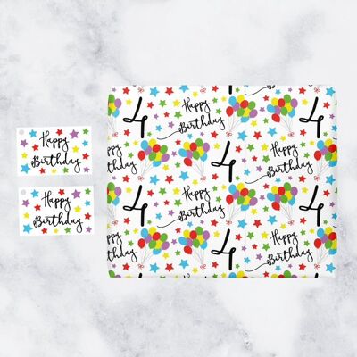 4th Birthday Gift Wrapping Paper & Gift Tags (1 Sheet & 2 Tags) - 4 - Happy Birthday - by Hunts England - Iconic Collection