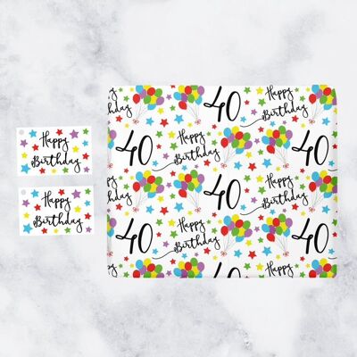 40th Birthday Gift Wrapping Paper & Gift Tags (1 Sheet & 2 Tags) - 40 - Happy Birthday - by Hunts England - Iconic Collection
