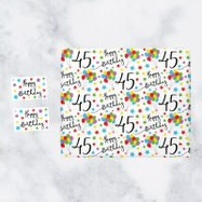 45th Birthday Gift Wrapping Paper & Gift Tags (1 Sheet & 2 Tags) - '45' - 'Happy Birthday' - Iconic Collection