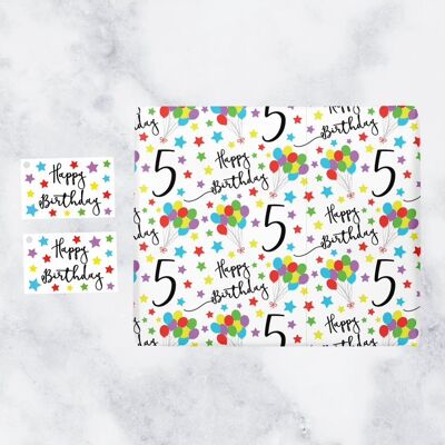 5th Birthday Gift Wrapping Paper & Gift Tags (1 Sheet & 2 Gift Tags) - '5' - 'Happy Birthday' - Iconic Collection