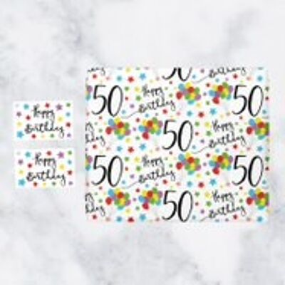 50th Birthday Gift Wrapping Paper & Gift Tags (1 Sheet & 2 Tags) - 50 - Happy Birthday - by Hunts England - Iconic Collection