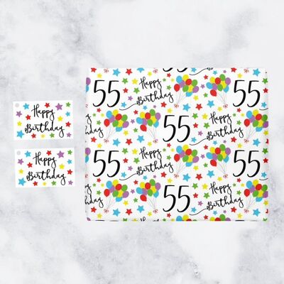 55th Birthday Gift Wrapping Paper & Gift Tags (1 Sheet & 2 Tags) - 55 - Happy Birthday - by Hunts England - Iconic Collection