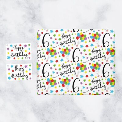 6th Birthday Gift Wrapping Paper & Gift Tags (1 Sheet & 2 Tags) - 6 - Happy Birthday - by Hunts England - Iconic Collection