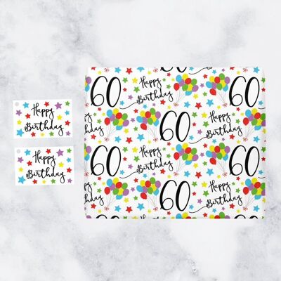 60th Birthday Gift Wrapping Paper & Gift Tags (1 Sheet & 2 Tags) - 60 - Happy Birthday - by Hunts England - Iconic Collection