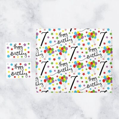 7th Birthday Gift Wrapping Paper & Gift Tags (1 Sheet & 2 Tags) - 7 - Happy Birthday - by Hunts England - Iconic Collection