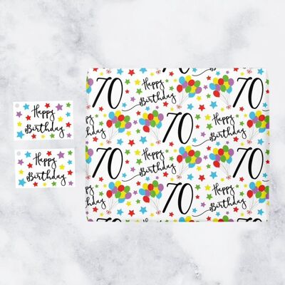 70th Birthday Gift Wrapping Paper & Gift Tags (1 Sheet & 2 Gift Tags) - 70 - Happy Birthday - by Hunts England - Iconic Collection
