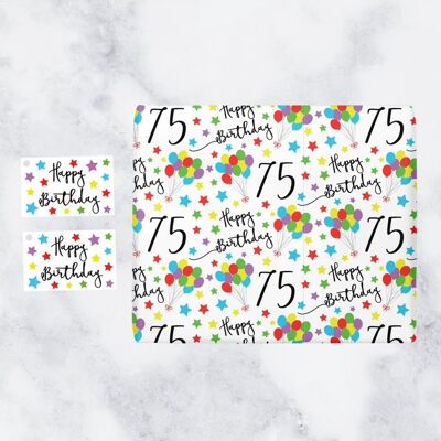 75th Birthday Gift Wrapping Paper & Gift Tags (1 Sheet & 2 Tags) - '75' - 'Happy Birthday' - Iconic Collection