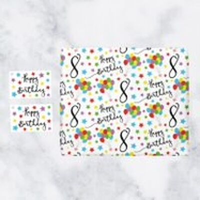 8th Birthday Gift Wrapping Paper & Gift Tags (1 Sheet & 2 Tags) - 8 - Happy Birthday - by Hunts England - Iconic Collection