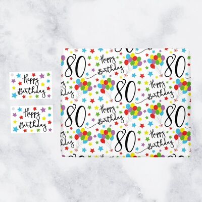 80th Birthday Gift Wrapping Paper & Gift Tags (1 Sheet & 2 Tags) - 80 - Happy Birthday - by Hunts England - Iconic Collection