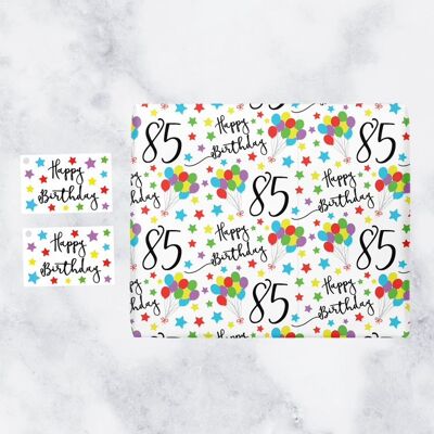 85th Birthday Gift Wrapping Paper & Gift Tags (1 Sheet & 2 Tags) - '85' - 'Happy Birthday' - Iconic Collection