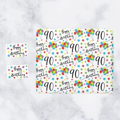 90th Birthday Gift Wrapping Paper & Gift Tags (1 Sheet & 2 Tags) - '90' - 'Happy Birthday' - Iconic Collection