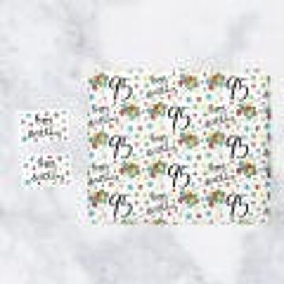 95th Birthday Gift Wrapping Paper & Gift Tags (1 Sheet & 2 Tags) - '95' - 'Happy Birthday' - Iconic Collection