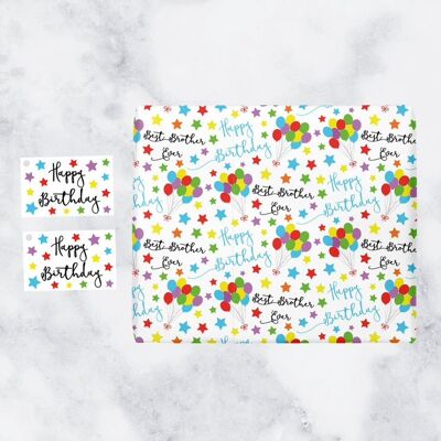 Brother Birthday Gift Wrapping Paper & Gift Tags (1 Sheet & 2 Tags) - Best Brother Ever - Happy Birthday - by Hunts England - Iconic Collection