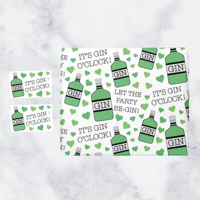 Gin Birthday Gift Wrapping Paper and Tags (1 Sheet & 2 Tags) - It's Gin O'Clock - Let The Party Be-Gin - for Mum, Friend, Women, Men, Him, Her, etc.
