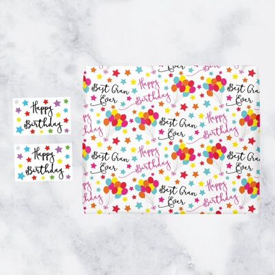 Gran Birthday Gift Wrapping Paper & Gift Tags (1 Sheet & 2 Tags) - Best Gran Ever - Happy Birthday - by Hunts England - Iconic Collection