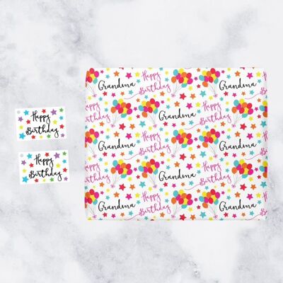 Grandma Birthday Gift Wrapping Paper & Gift Tags (1 Sheet & 2 Tags) - 'Grandma' - 'Happy Birthday' - Iconic Collection