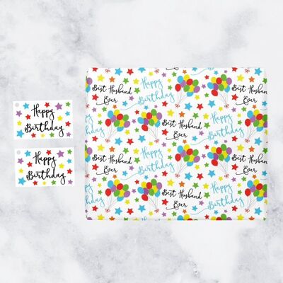 Husband Birthday Gift Wrapping Paper & Gift Tags (1 Sheet & 2 Tags) - Best Husband Ever - Happy Birthday - by Hunts England - Iconic Collection