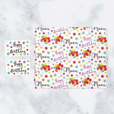 Mum Birthday Gift Wrapping Paper & Gift Tags (1 Sheet & 2 Tags) - Mum - Happy Birthday - by Hunts England - Iconic Collection