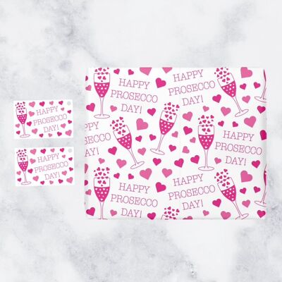 Prosecco Birthday Gift Wrapping Paper & Gift Tags (1 Sheet & 2 Tags) - Happy Prosecco Day - by Hunt England - Iconic Collection - for Friend, Wife, Her, etc.