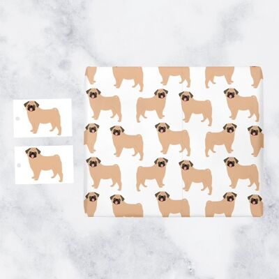 Pug Birthday Gift Wrapping Paper And Gift Tags (1 Sheet & 2 Gift Tags) - For Mum, Sister, Grandma, Nana, Friend, Girlfriend, Wife, Women, Men, Him, Her, Dad, Grandad, Brother, etc. - Iconic Collection