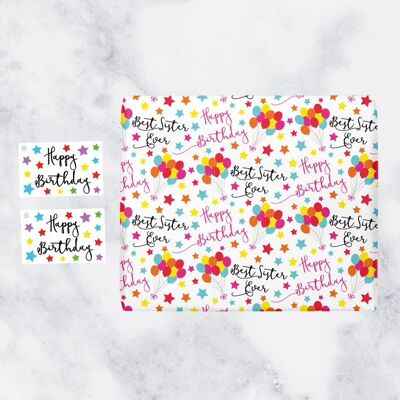 Sister Birthday Gift Wrapping Paper & Gift Tags (1 Sheet & 2 Tags) - Best Sister Ever - Happy Birthday - by Hunts England - Iconic Collection