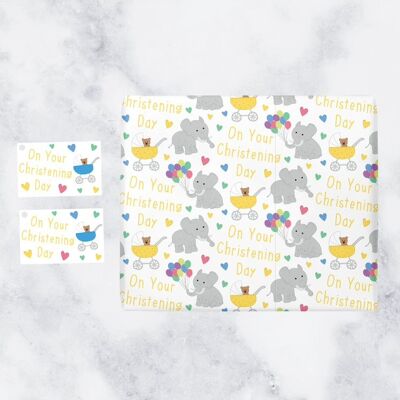 Christening Gift Wrapping Paper and Gift Tags (1 Sheet & 2 Gift Tags) - On Your Christening Day - Unisex, Boy, Girl - Happy Christening - Iconic Collection