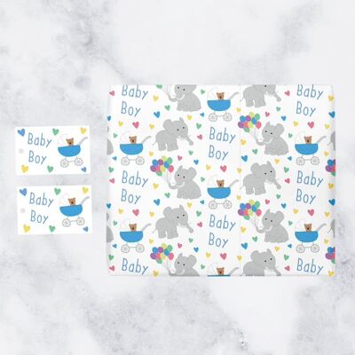 Baby Boy New Baby Gift Wrapping Paper and Gift Tags (1 Sheet & 2 Tags) - Baby Boy - New Born - Great for Birth Congratulations Baby Shower New Baby Presents - Iconic Collection
