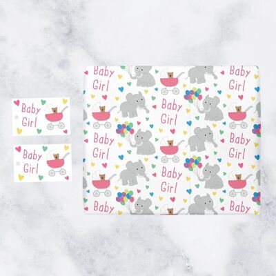 Baby Girl New Baby Gift Wrapping Paper and Gift Tags (1 Sheet & 2 Tags) - Baby Girl - - Ideal for Baby Birth, Baby Presents - Iconic Collection