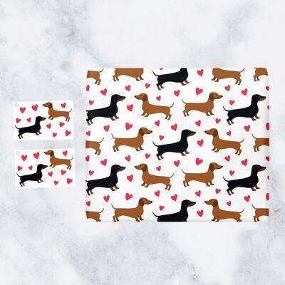 Romantic Dachshunds Wrapping Paper & Gift Tags (1 Sheet & 2 Tags) - Valentine's Day, Birthday, Anniversary, Christmas, Love Gift Wrap - for Her, Him, etc.