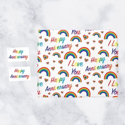 LGBT Same Sex Anniversary Wrapping Paper (1 Sheet & 2 Tags) - Happy Anniversary - I Love You - Rainbow Collection