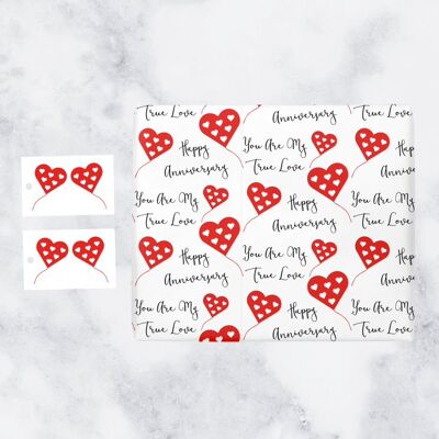 Romantic Anniversary Wrapping Paper and Gift Tags (1 Sheet & 2 Tags) - Happy Anniversary - You are My True Love - by Hunts England - Red Heart Collection