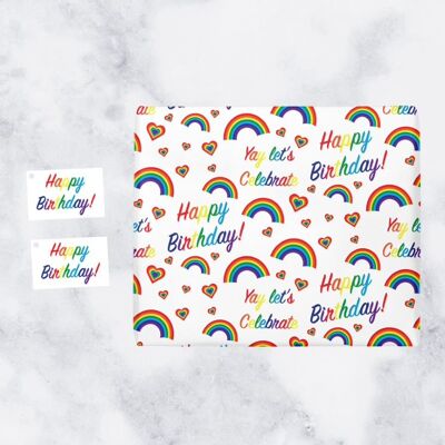 LGBT Birthday Wrapping Paper (1 Sheet & 2 Tags) - Happy Birthday - Yay Let's Celebrate - Rainbow Collection